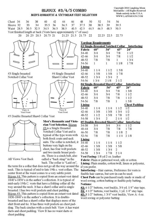 Bijoux Men's Vests, 3 Patterns 1830-1900