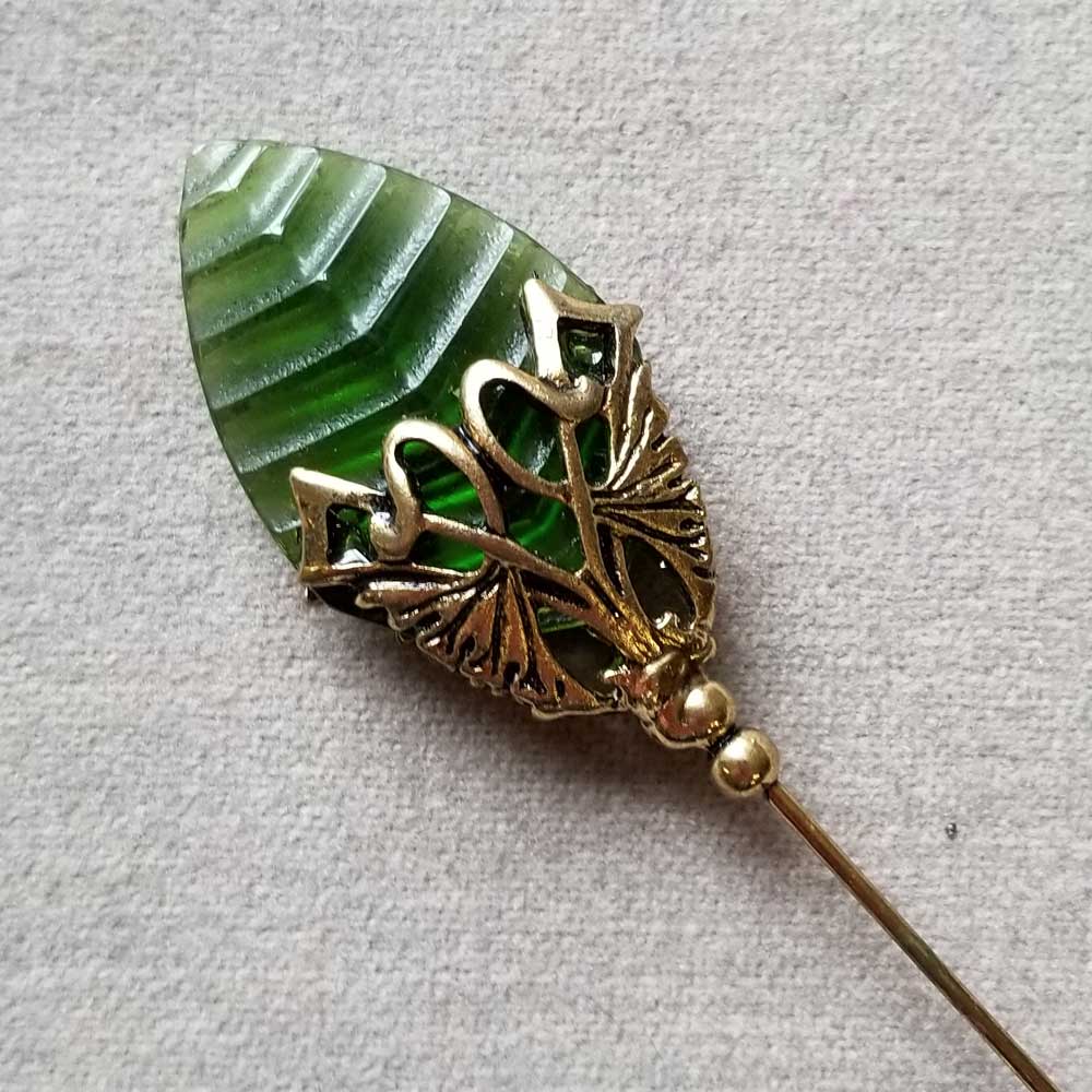 Hat Pin, Green Leaf Crystal - Click Image to Close